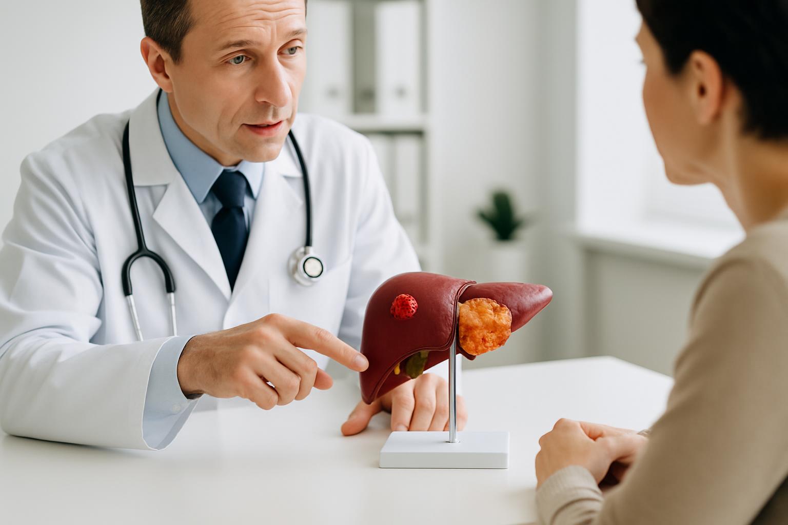 A doctor is pointing at a liver model with a tumor, while a patient observes. The doctor wears a white lab coat and stetho...