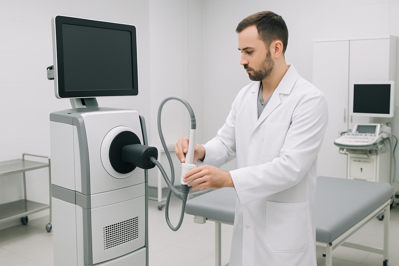 Man in white labcoat holding medical device with computer monitor and examination table in background.