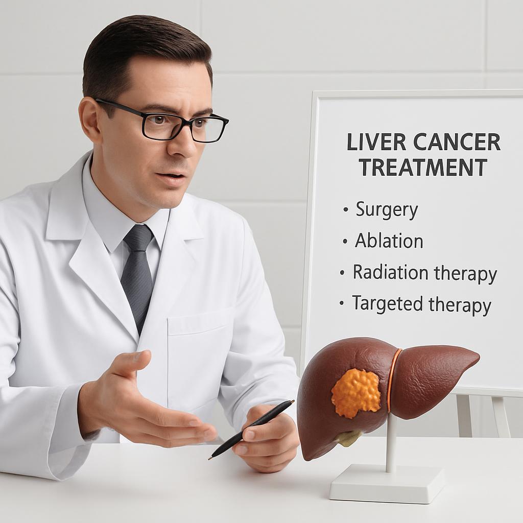 A doctor in a white coat and tie, giving a lecture or presentation on liver cancer treatment options. Male Doctor Sitting ...